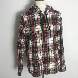 LL. Bean Women's Christmas Plaid Flannel Shirt Relaxed Full Zip Hoodie Sz Large